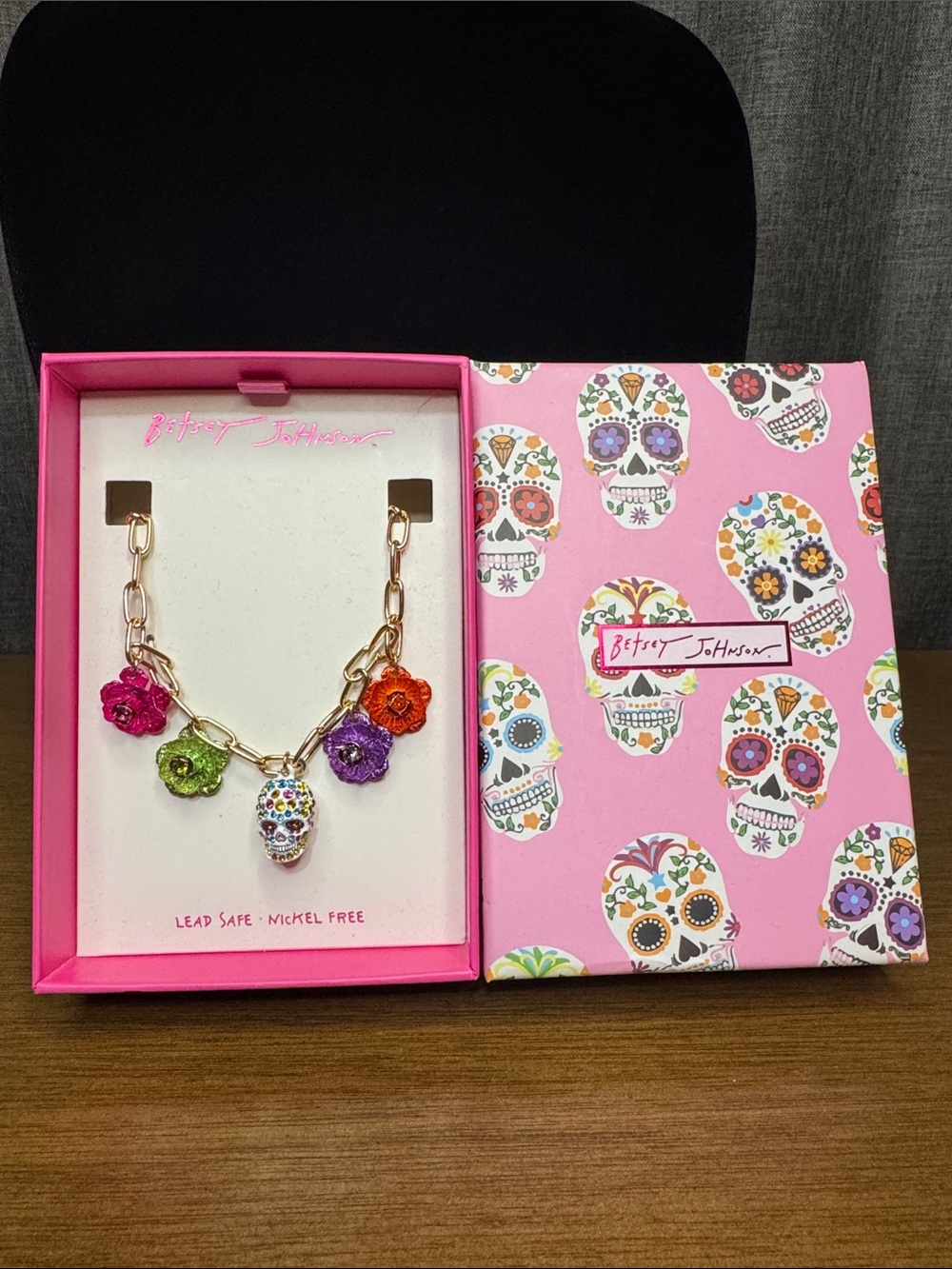 Betsey Johnson Pink Multicolor Sugar Skull Charm Necklace